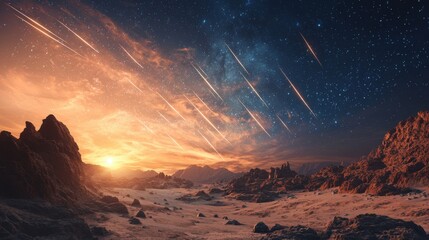 Fototapeta premium Countless shooting stars streak across the twilight sky, illuminating a vast desert landscape. The warm glow of sunset casts shadows on rugged mountains in the background