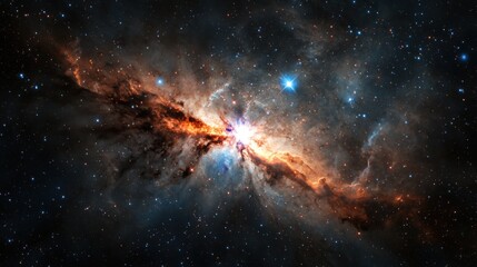 Obraz premium A stunning cosmic explosion reveals vibrant colors and intricate details of star formation in a nebula. This celestial phenomenon showcases the beauty of the universe and its mysteries