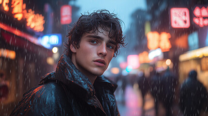 Obraz premium A young man with wet hair and raindrops on his face stands on a busy street in a metropolis, surrounded by blurry neon lights..