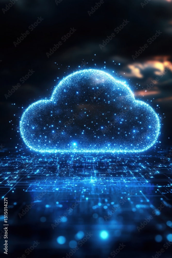 Poster digital cloud computing with glowing blue particles on circuit board background for data storage and