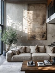 A modern minimalist living room with neutral tones and style