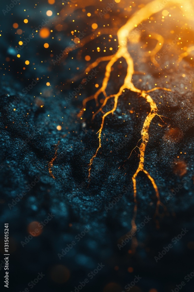 Poster abstract geological formation with glowing veins and sparkling bokeh creating a dramatic visual effe
