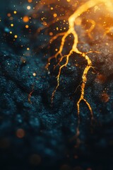Obraz premium Abstract geological formation with glowing veins and sparkling bokeh creating a dramatic visual effect and a sense of depth and texture
