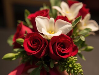 Fototapeta premium A beautiful prom corsage with red roses and white orchids, tied with a satin ribbon, in a detailed floral arrangement, creating an elegant atmosphere.