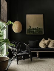 The black chair and lamp sit in a dark room