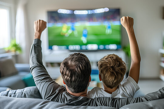 Watching soccer in family and celebrating a goal. Father and son enjoy a soccer match together at home at a flat screen  TV set television in the living room.