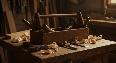 Vintage Hand Tools in Wooden Toolbox