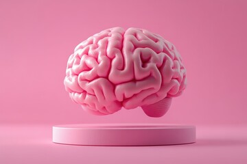 Cerebral pink brain on pedestal a symbol of intelligence memory and mental health awareness in studio shot