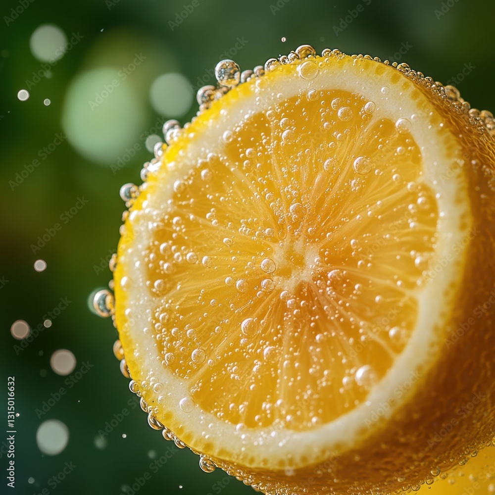 Poster refreshing lemon slice submerged in sparkling water creating a bubbly citrus sensation on dark green