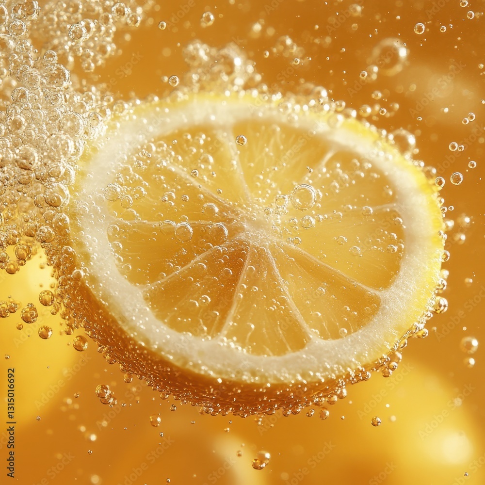 Aufkleber effervescent lemon slice in golden liquid with sparkling bubbles creating refreshing and vibrant vis