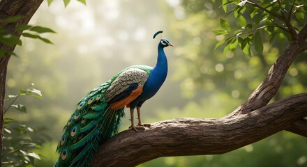 Obraz premium Peacock Perched on Tree Branch in Sunny Green Forest Setting
