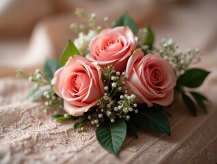 Obraz premium A detailed close-up of a prom corsage featuring pink roses and greenery, tied with a silk ribbon, resting on lace fabric, under soft lighting.