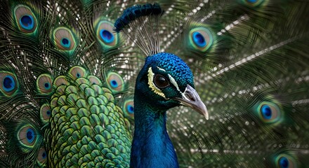 Peacock Displaying Plumage Colorful Feather Eye Spots Head and Neck