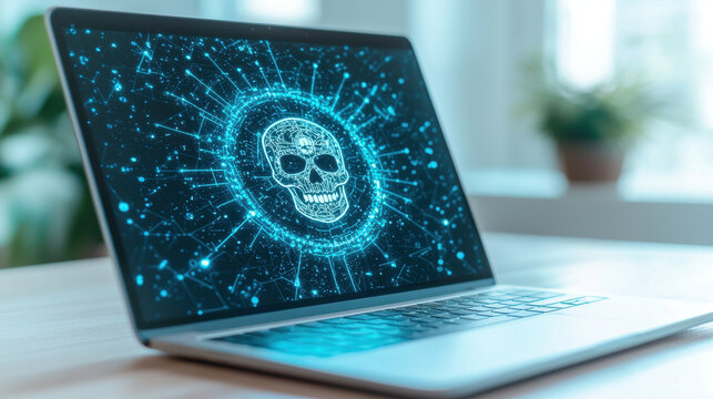 Scammers and Cybercrime Strengthening Security, Laptop screen glitching with digital skull image