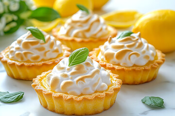 Individual lemon tarts with fresh basil and lemons on a marble countertop. Four beautifully baked lemon meringue tarts topped with fluffy meringue for culinary web site, cook book, food blog