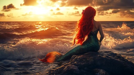Red-haired mermaid sits on rocks at sunset, ocean waves.