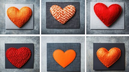 Six handcrafted hearts in various colors and textures, displayed on dark gray square backdrops. A Valentine's Day or love themed image.