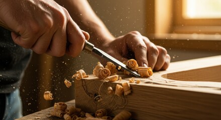 Skilled Carpenter Chiseling Oak Wood