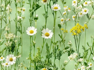 Fototapeta premium Seamless Pattern - Floral meadow with white and yellow wildflowers on a pastel green background