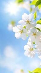 Obraz premium Delicate white cherry blossoms spring flower, covering leafy branch, basking in golden sunlight, capturing serene spring moment background Copy space for text