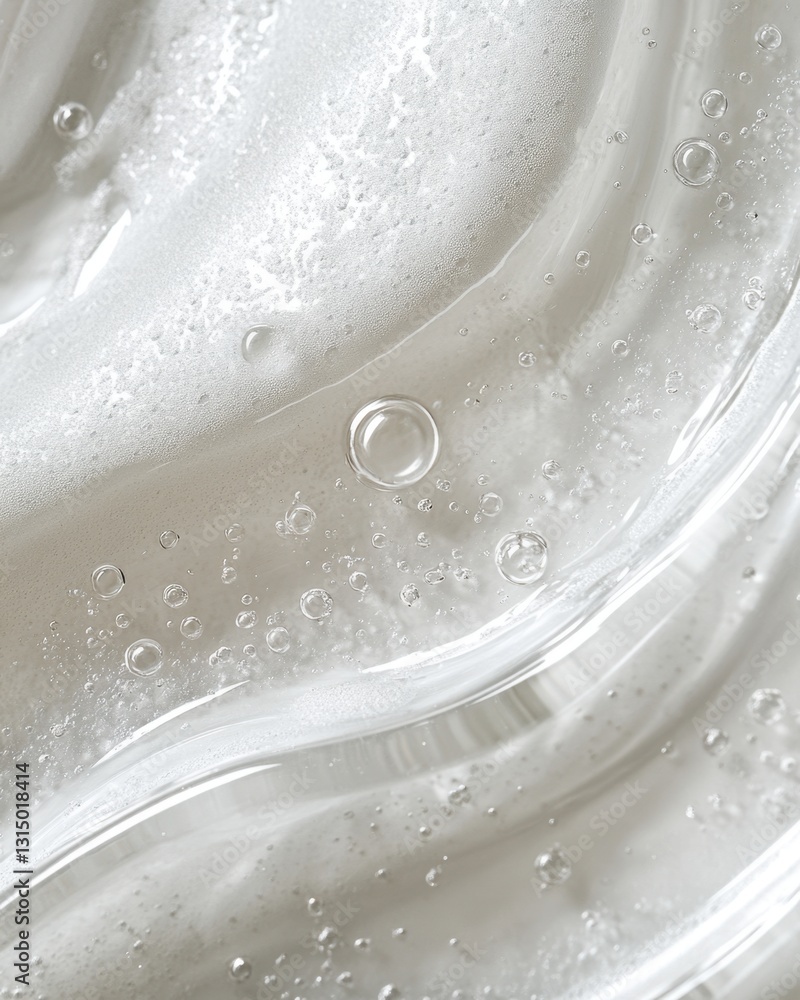 Poster transparent gel with bubbles and waves for skincare serums and cosmetics in macro close up view