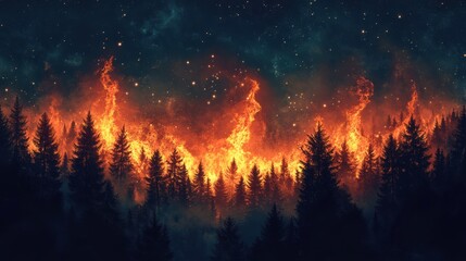 A dramatic nighttime scene depicting a forest engulfed in flames, with glowing embers illuminating the dark sky.