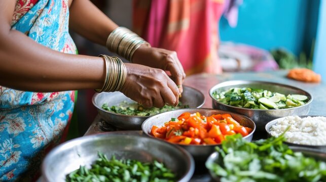 Indian woman preparing breakfast with parot and vegetables. 