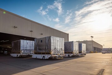 Large Cargo Packages Loading Dock Industrial Shipping Logistics Transportation Heavy Duty Equipment Warehouse Distribution Center Exterior Daytime    