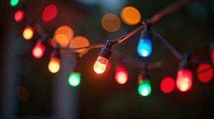 A string of colorful celebration lights glowing warmly outdoors in the evening, creating a festive and joyful atmosphere with a soft bokeh background.