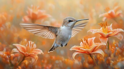 Fototapeta premium Hummingbird in flight amidst orange lilies