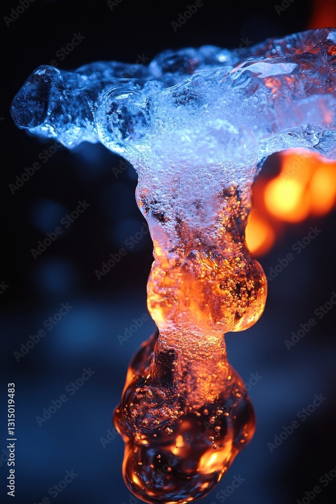 Poster captivating macro shot showcasing the intricate details of an icicle illuminated by contrasting warm