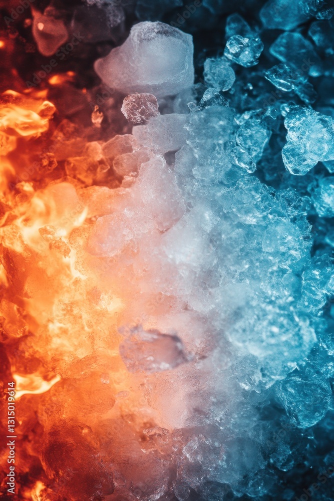 Poster captivating macro shot of contrasting fire and ice textures blending in a mesmerizing display of tem