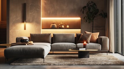 Modern Living Room Interior Design: Luxurious Sectional Sofa, Neutral Colors, Warm Lighting, and Cozy Decor Elements for Tranquil Ambiance..