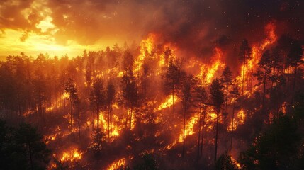 Fototapeta premium A dramatic scene of a forest fire engulfing trees, illuminated by a fiery sunset, showcasing the destructive power of nature.