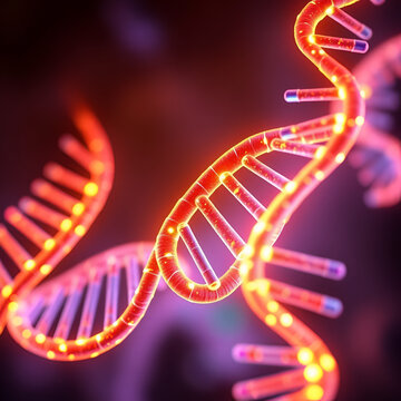 A glowing, artistic representation of chromosomes spiraling and aligning to represent the process of genetic recombination. 237