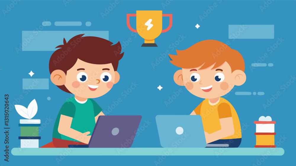 Poster two young boys engaged in friendly competition as they race to finish a coding challenge first.. vec