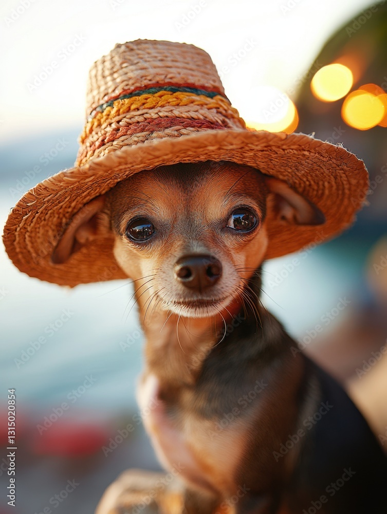 Poster charming chihuahua portrait wearing a colorful straw hat under soft light capturing a playful mood a