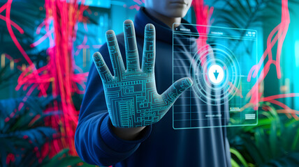 Futuristic biometric scanning concept showing a glowing digital hand pattern with circuit board design against vibrant neon background.