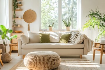 Bright and Spacious Living Room with Soft Furniture and Natural Light