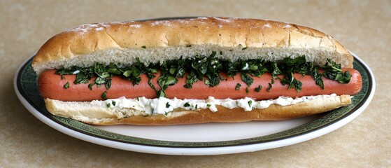 Delicious gourmet hot dog on plate with fresh herbs and creamy sauce a culinary delight perfect for food photography and advertising