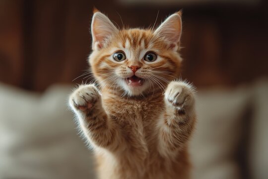 Cute orange tabby kitten reaching up, showcasing playful behavior in a cozy indoor setting