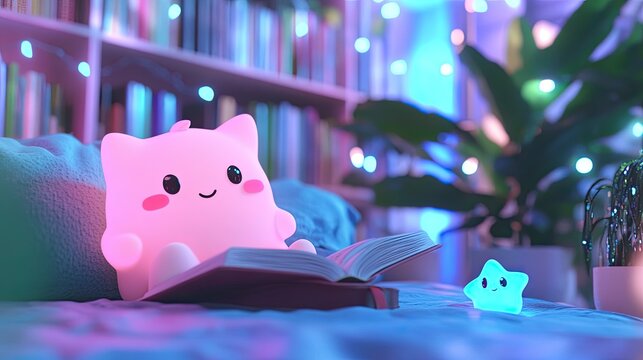 Cozy bedroom scene with a cute cat-shaped nightlight, open book, and fairy lights. A relaxing reading atmosphere.
