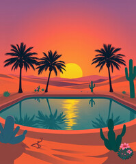 Sunsetting tranquility over a desert oasis with palm trees and serene reflections in the evening glow