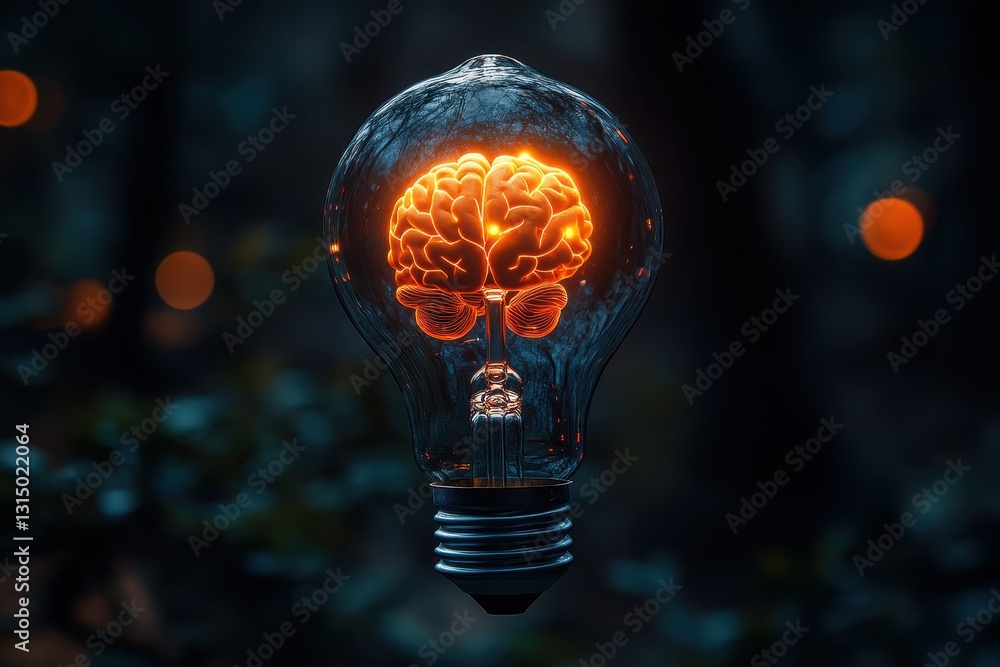 Poster light bulb with glowing brain design symbolizes the fusion of intelligence and creativity in a dark 