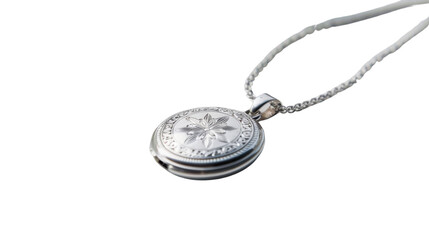 Silver medallion pendant hanging on a chain with transparent background
