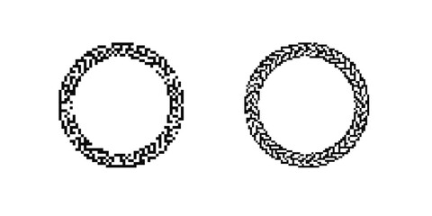 Two black and white pixel art wreaths are shown. each has a unique design, showcasing distinct styles.