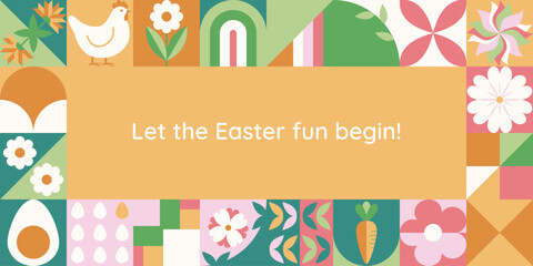 Wielkanocny baner z mozaiką z świątecznymi symbolami. Wiosenny geometryczny wzór z królikiem, jajkami i kwiatami. © Monika