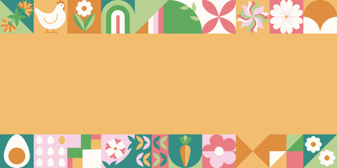 Wielkanocny baner z mozaiką z świątecznymi symbolami. Wiosenny geometryczny wzór z królikiem, jajkami i kwiatami. © Monika