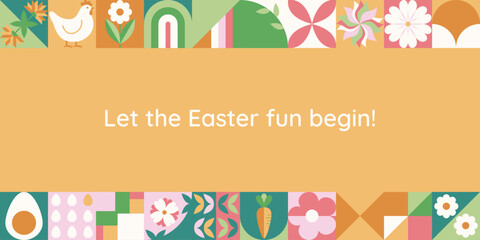 Wielkanocny baner z mozaiką z świątecznymi symbolami. Wiosenny geometryczny wz&oacute;r z kr&oacute;likiem, jajkami i kwiatami.