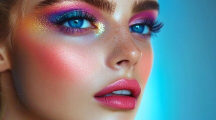 A close-up of a glamorous woman's face showcasing vibrant, multi-colored makeup, ideal for beauty advertising, fashion magazines, and special events like parties.